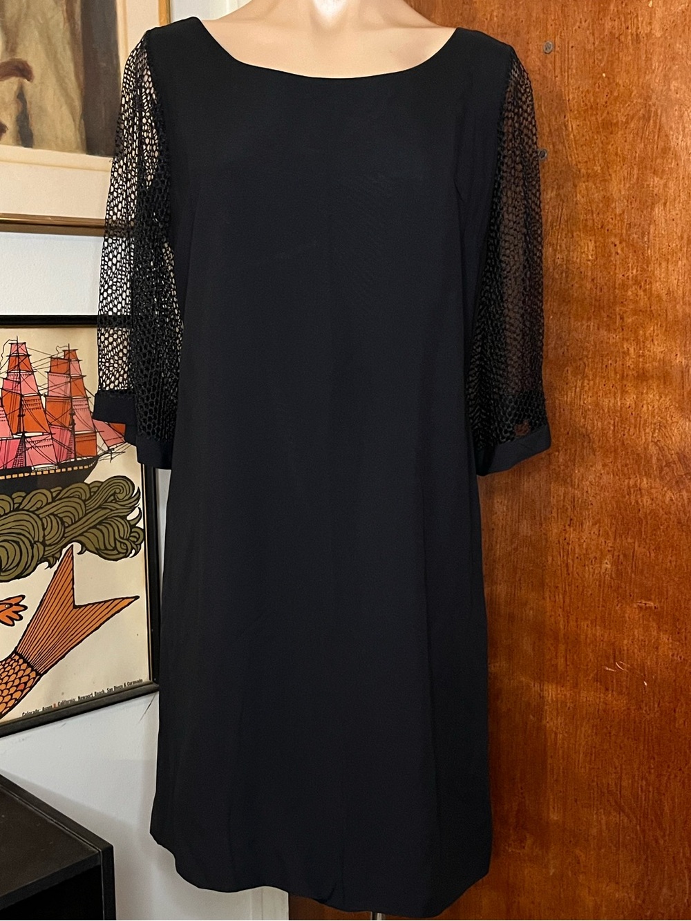 Vintage 60s Mod Black Mesh Long Bell Sleeve Wiggle Pinup Goth Whimsy Dress L